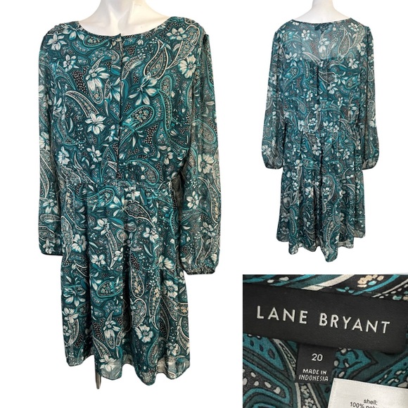 Lane Bryant dress plus size 20 green multicolor Paisley Long sheer Sleeve fall - Picture 1 of 7